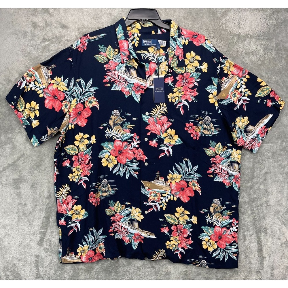 NWT Polo‎ Ralph Lauren Men's Hawaiian Shirt 3XB Black Tropical Floral Camp